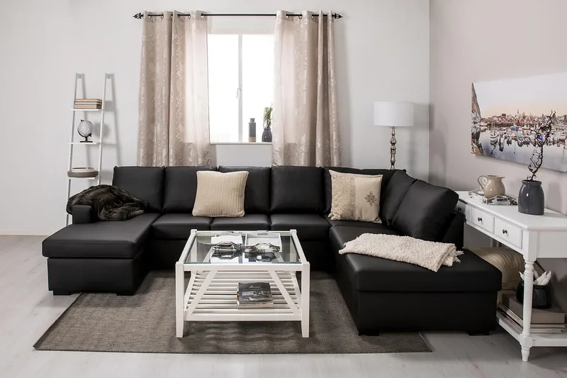 Crazy 5-seters Høyrevendt U-formet X-Large Sofa med Divan og Sjeselong i Kunstlær - Svart - Møbler - Sofaer - U-sofa