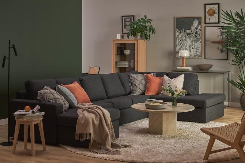 Crazy 5-seters Høyrevendt U-formet X-Large Sofa med Divan og Sjeselong i Stoff - Antrasitt - Møbler - Sofaer - U-sofa