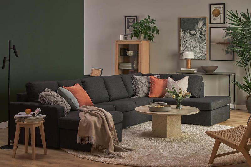 Crazy 5-seters Høyrevendt U-formet X-Large Sofa med Divan og Sjeselong i Stoff - Antrasitt - Møbler - Sofaer - U-sofa
