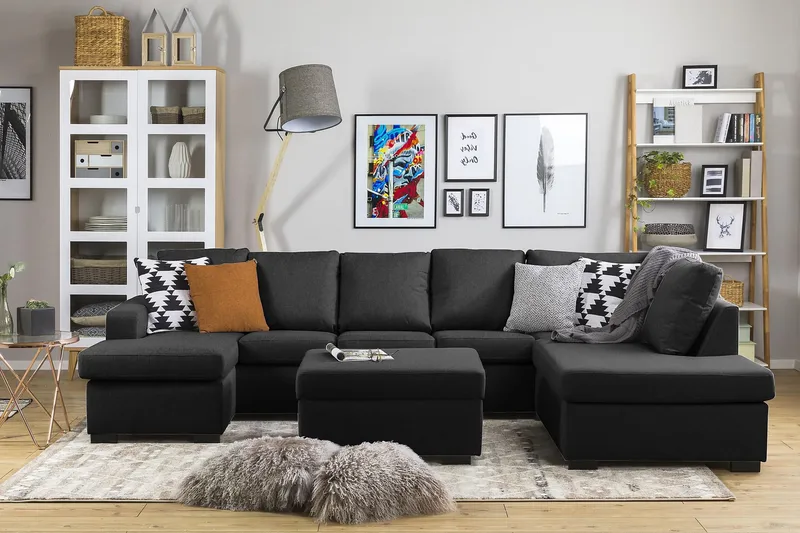 Crazy 5-seters Høyrevendt U-formet X-Large Sofa med Divan og Sjeselong i Stoff - Antrasitt - Møbler - Sofaer - U-sofa