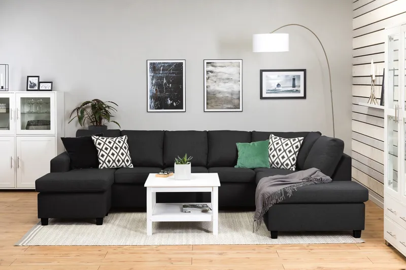 Crazy 5-seters Høyrevendt U-formet X-Large Sofa med Divan og Sjeselong i Stoff - Antrasitt - Møbler - Sofaer - U-sofa