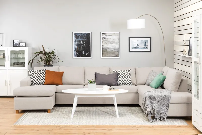 Crazy 5-seters Høyrevendt U-formet X-Large Sofa med Divan og Sjeselong i Stoff - Beige - Møbler - Sofaer - U-sofa