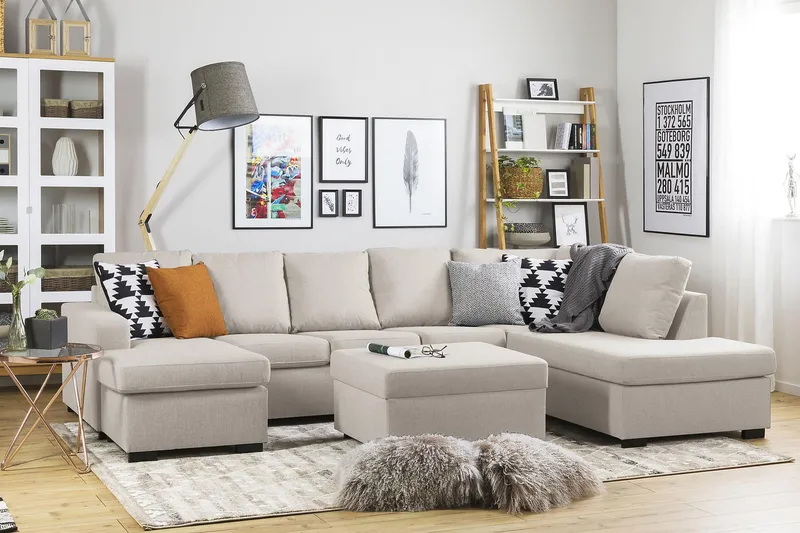 Crazy 5-seters Høyrevendt U-formet X-Large Sofa med Divan og Sjeselong i Stoff - Beige - Møbler - Sofaer - U-sofa