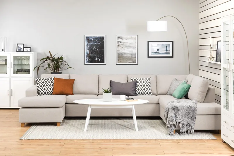 Crazy 5-seters Høyrevendt U-formet X-Large Sofa med Divan og Sjeselong i Stoff - Beige - Møbler - Sofaer - U-sofa