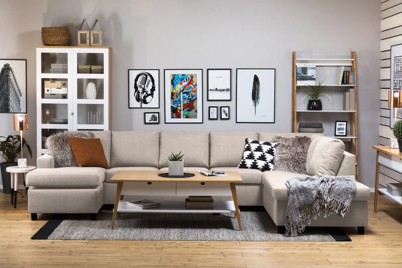 Crazy 5-seters Høyrevendt U-formet X-Large Sofa med Divan og Sjeselong i Stoff - Beige - Møbler - Sofaer - U-sofa