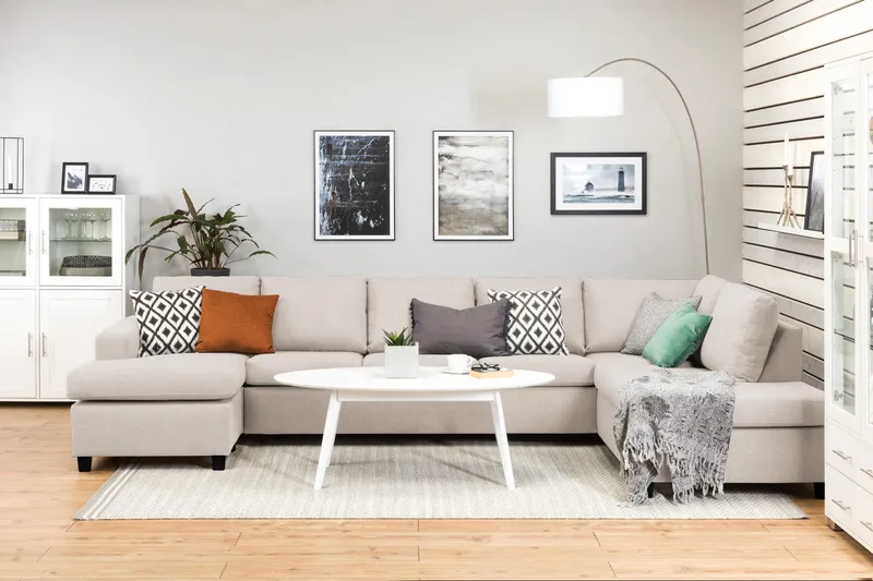 Crazy 5-seters Høyrevendt U-formet X-Large Sofa med Divan og Sjeselong i Stoff - Beige - Møbler - Sofaer - U-sofa