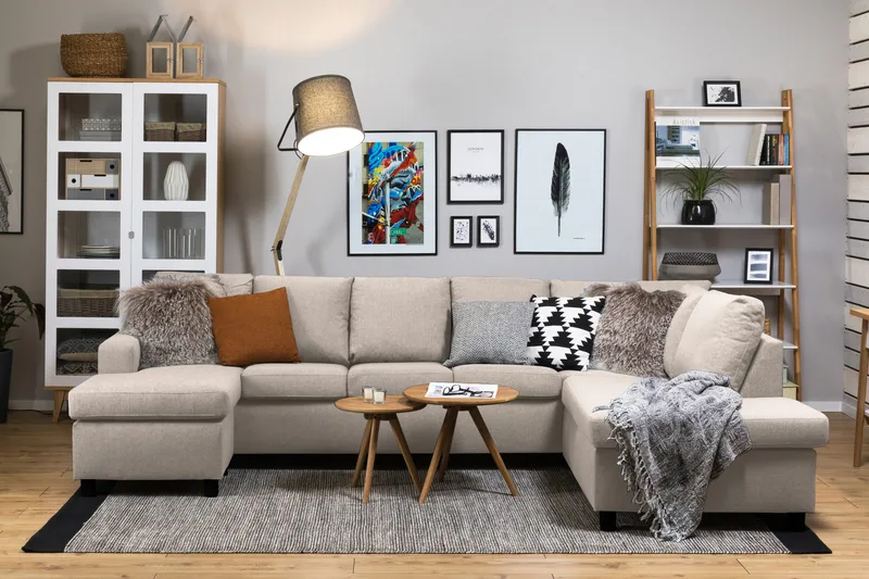 Crazy 5-seters Høyrevendt U-formet X-Large Sofa med Divan og Sjeselong i Stoff - Beige - Møbler - Sofaer - U-sofa