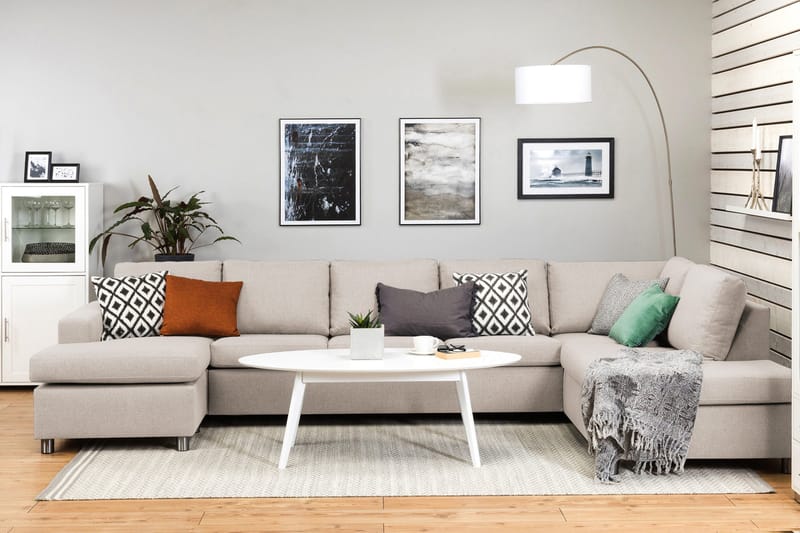 Crazy 5-seters Høyrevendt U-formet X-Large Sofa med Divan og Sjeselong i Stoff - Beige - Møbler - Sofaer - U-sofa