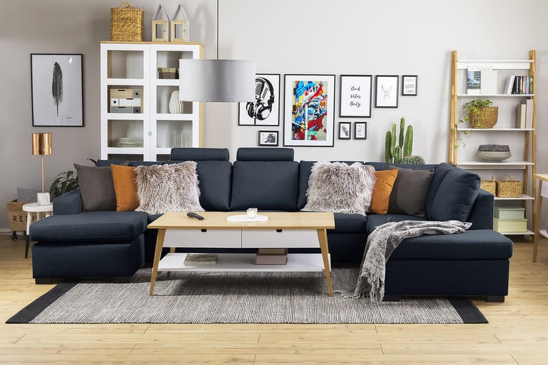 Crazy 5-seters Høyrevendt U-formet X-Large Sofa med Divan og Sjeselong i Stoff - Blå - Møbler - Sofaer - U-sofa