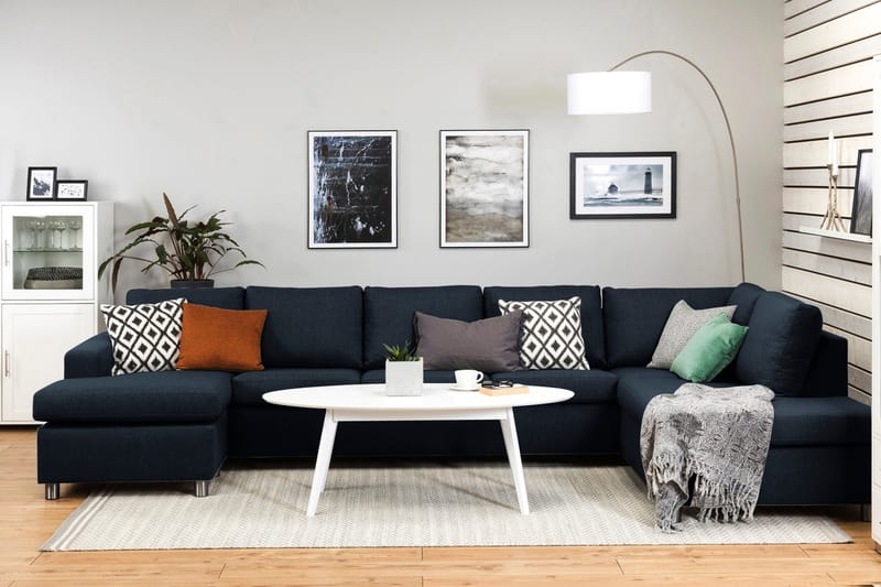 Crazy 5-seters Høyrevendt U-formet X-Large Sofa med Divan og Sjeselong i Stoff - Blå - Møbler - Sofaer - U-sofa