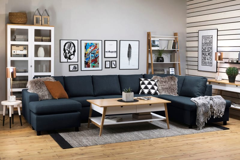 Crazy 5-seters Høyrevendt U-formet X-Large Sofa med Divan og Sjeselong i Stoff - Blå - Møbler - Sofaer - U-sofa