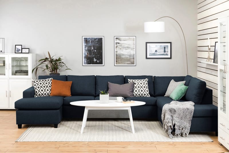 Crazy 5-seters Høyrevendt U-formet X-Large Sofa med Divan og Sjeselong i Stoff - Blå - Møbler - Sofaer - U-sofa