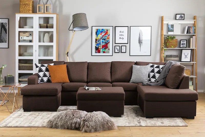 Crazy 5-seters Høyrevendt U-formet X-Large Sofa med Divan og Sjeselong i Stoff - Brun - Møbler - Sofaer - U-sofa