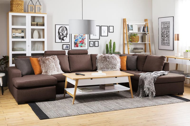 Crazy 5-seters Høyrevendt U-formet X-Large Sofa med Divan og Sjeselong i Stoff - Brun - Møbler - Sofaer - U-sofa