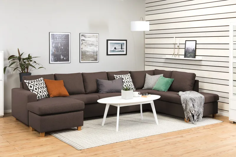 Crazy 5-seters Høyrevendt U-formet X-Large Sofa med Divan og Sjeselong i Stoff - Brun - Møbler - Sofaer - U-sofa