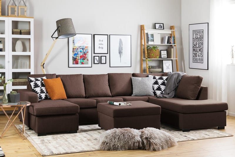 Crazy 5-seters Høyrevendt U-formet X-Large Sofa med Divan og Sjeselong i Stoff - Brun - Møbler - Sofaer - U-sofa