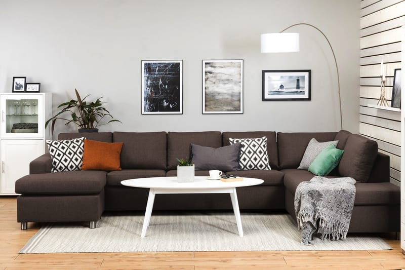 Crazy 5-seters Høyrevendt U-formet X-Large Sofa med Divan og Sjeselong i Stoff - Brun - Møbler - Sofaer - U-sofa