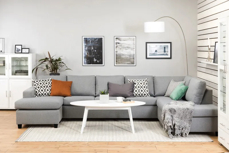 Crazy 5-seters Høyrevendt U-formet X-Large Sofa med Divan og Sjeselong i Stoff - Grå - Møbler - Sofaer - U-sofa