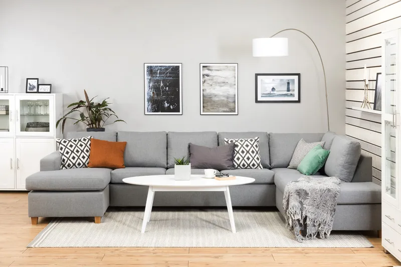 Crazy 5-seters Høyrevendt U-formet X-Large Sofa med Divan og Sjeselong i Stoff - Grå - Møbler - Sofaer - U-sofa