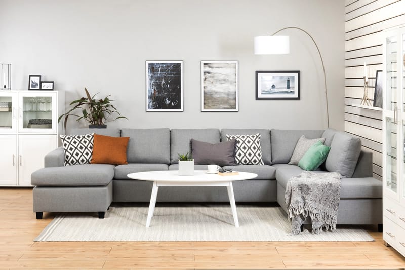 Crazy 5-seters Høyrevendt U-formet X-Large Sofa med Divan og Sjeselong i Stoff - Grå - Møbler - Sofaer - U-sofa