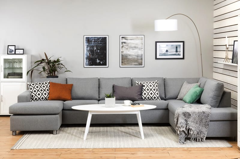 Crazy 5-seters Høyrevendt U-formet X-Large Sofa med Divan og Sjeselong i Stoff - Grå - Møbler - Sofaer - U-sofa