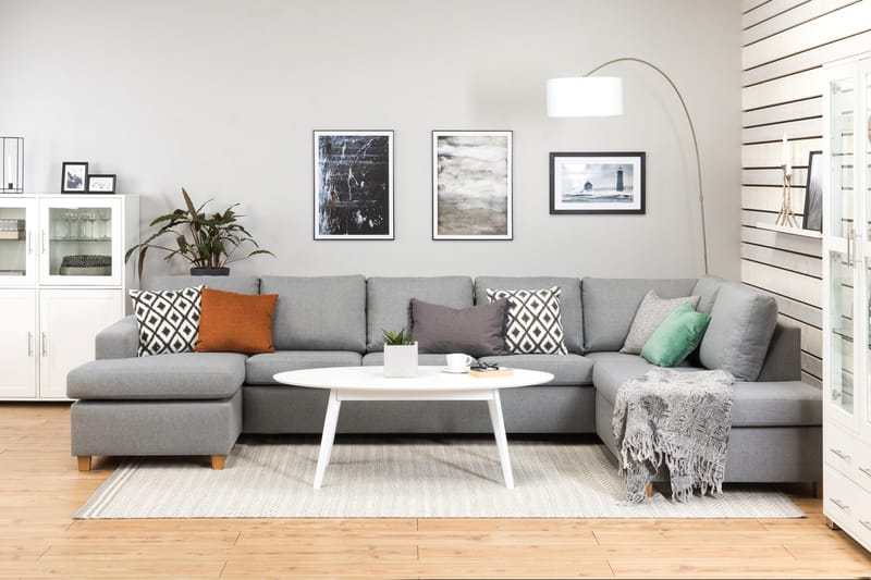 Crazy 5-seters Høyrevendt U-formet X-Large Sofa med Divan og Sjeselong i Stoff - Grå - Møbler - Sofaer - U-sofa