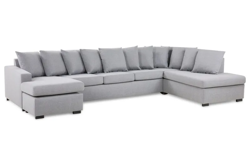 Crazy 5-seters Høyrevendt U-formet X-Large Sofa med Divan og Sjeselong i Stoff inkl. Pynteputer - Grå - Møbler - Sofaer - U-sofa