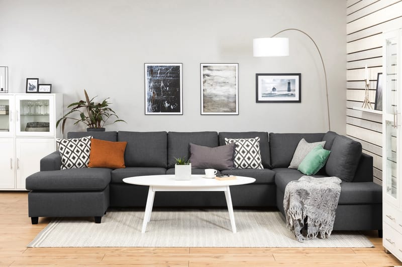 Crazy 5-seters Høyrevendt U-formet X-Large Sofa med Divan og Sjeselong i Stoff - Mørk grå - Møbler - Sofaer - U-sofa