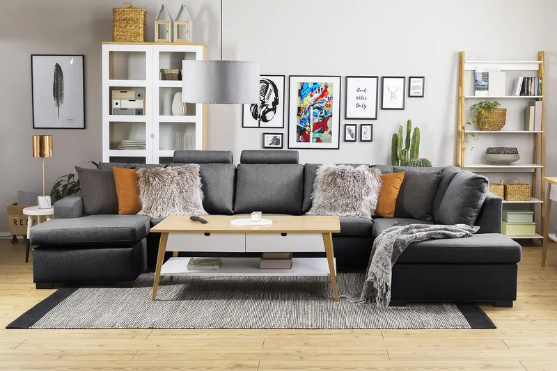 Crazy 5-seters Høyrevendt U-formet X-Large Sofa med Divan og Sjeselong i Stoff - Mørk grå - Møbler - Sofaer - U-sofa