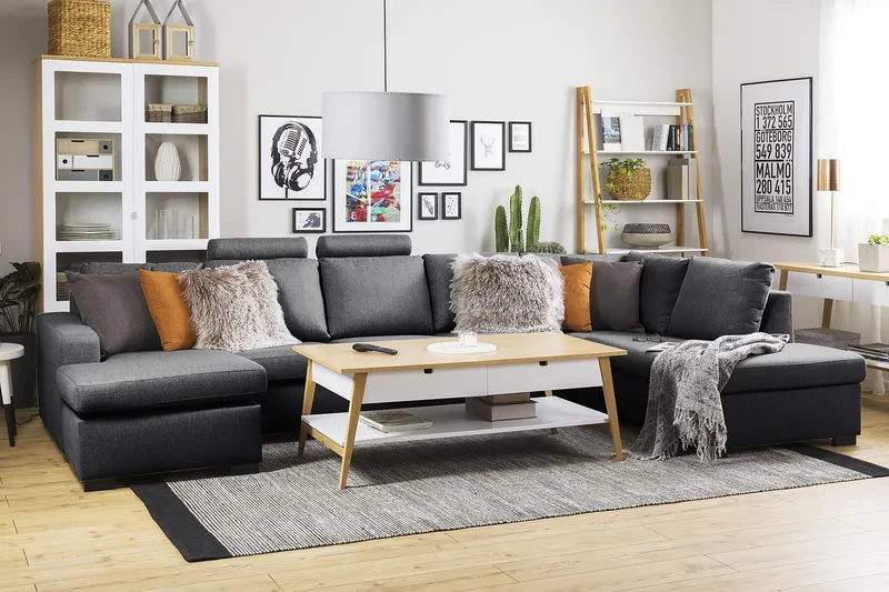 Crazy 5-seters Høyrevendt U-formet X-Large Sofa med Divan og Sjeselong i Stoff - Mørk grå - Møbler - Sofaer - U-sofa