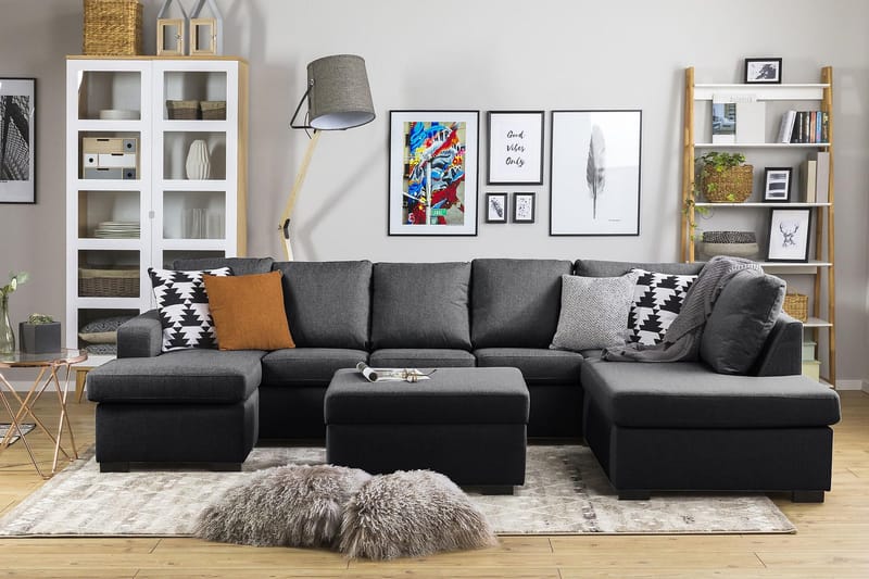 Crazy 5-seters Høyrevendt U-formet X-Large Sofa med Divan og Sjeselong i Stoff - Mørk grå - Møbler - Sofaer - U-sofa