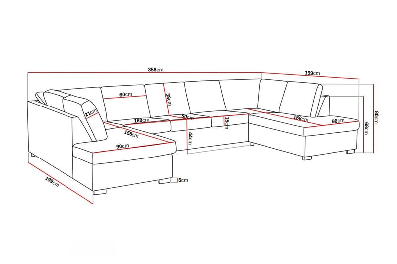 Crazy 5-seters U-formet Sofa med Dobbel Sjeselong i Kunstlær - Svart - Møbler - Sofaer - Skinnsofaer