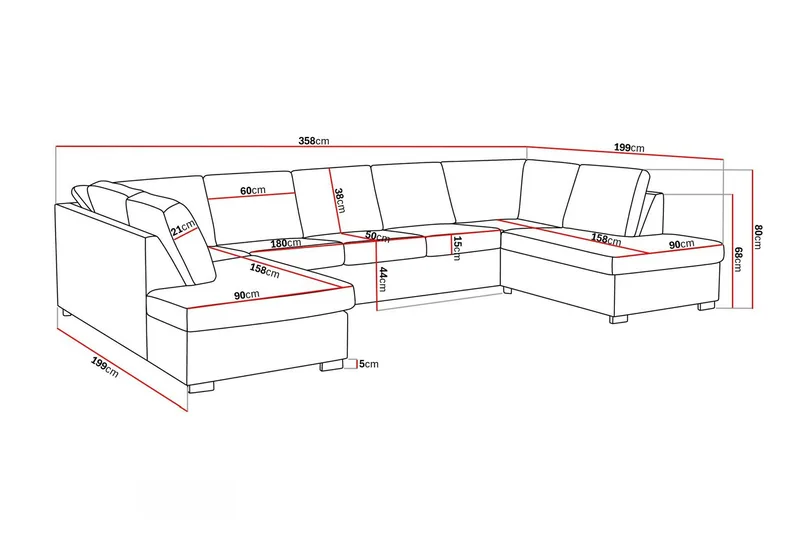 Crazy 5-seters U-formet Sofa med Dobbel Sjeselong i Kunstlær - Svart - Møbler - Sofaer - U-sofa