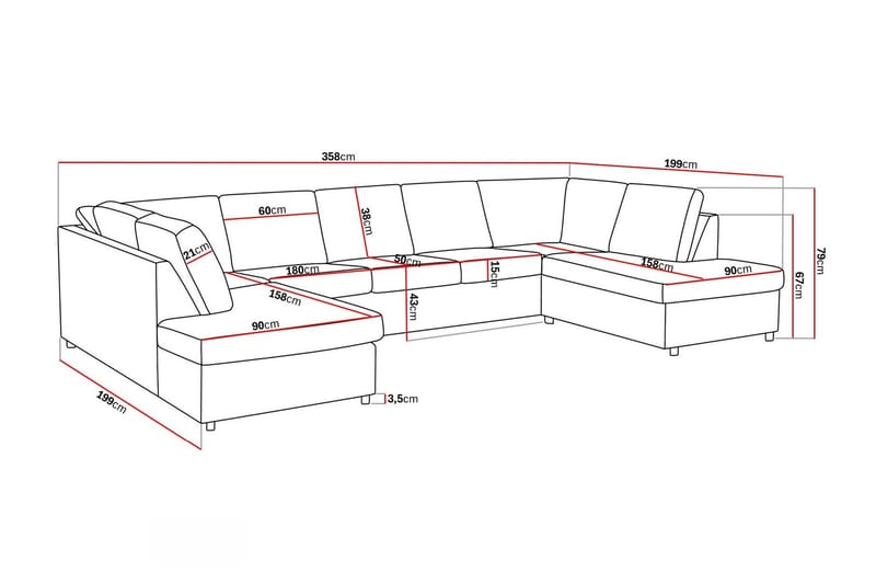 Crazy 5-seters U-formet Sofa med Dobbel Sjeselong i Stoff - Antrasitt - Møbler - Sofaer - U-sofa