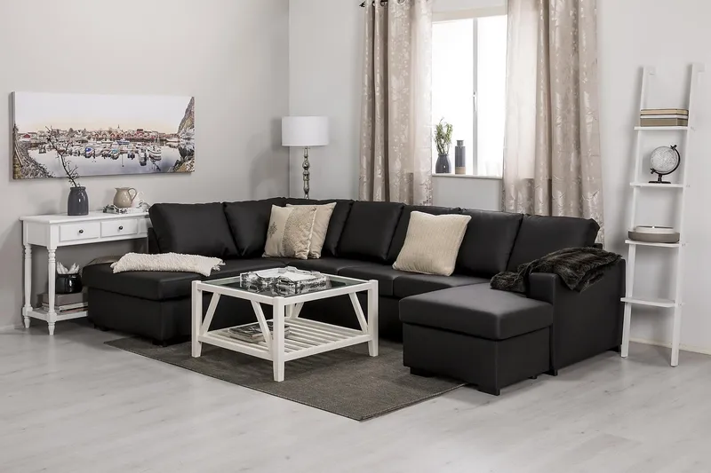 Crazy 5-seters Venstrevendt U-formet Sofa med Divan og Sjeselong i Kunstlær - Svart - Møbler - Sofaer - U-sofa