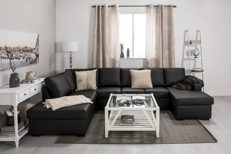 Crazy 5-seters Venstrevendt U-formet Sofa med Divan og Sjeselong i Kunstlær - Svart - Møbler - Sofaer - U-sofa
