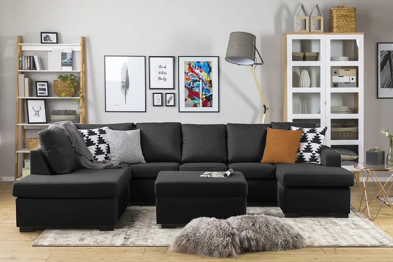 Crazy 5-seters Venstrevendt U-formet Sofa med Divan og Sjeselong i Stoff - Antrasitt - Møbler - Sofaer - U-sofa