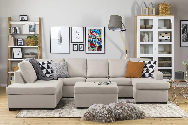 Crazy 5-seters Venstrevendt U-formet Sofa med Divan og Sjeselong i Stoff - Beige - Møbler - Sofaer - U-sofa