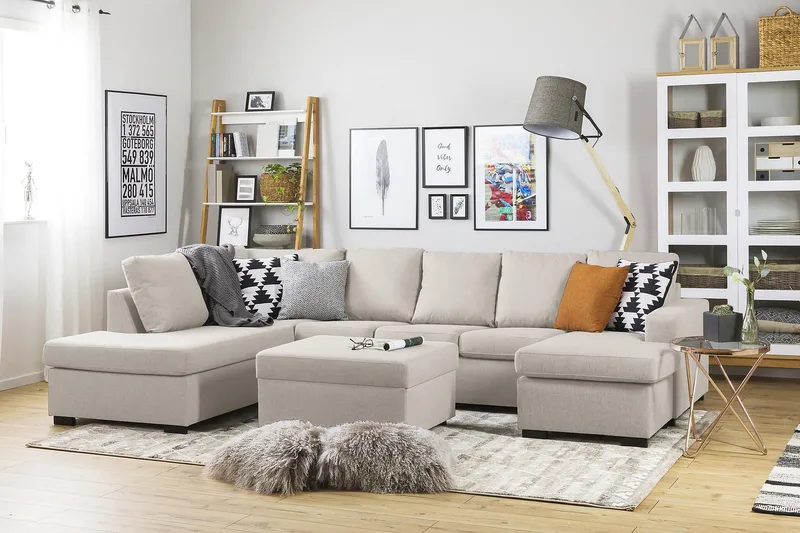 Crazy 5-seters Venstrevendt U-formet Sofa med Divan og Sjeselong i Stoff - Beige - Møbler - Sofaer - U-sofa