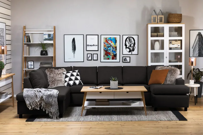 Crazy 5-seters Venstrevendt U-formet X-Large Sofa med Divan og Sjeselong i Stoff - Antrasitt - Møbler - Sofaer - U-sofa