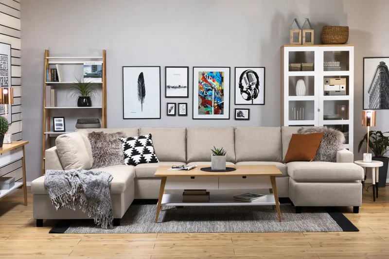 Crazy 5-seters Venstrevendt U-formet X-Large Sofa med Divan og Sjeselong i Stoff - Beige - Møbler - Sofaer - U-sofa