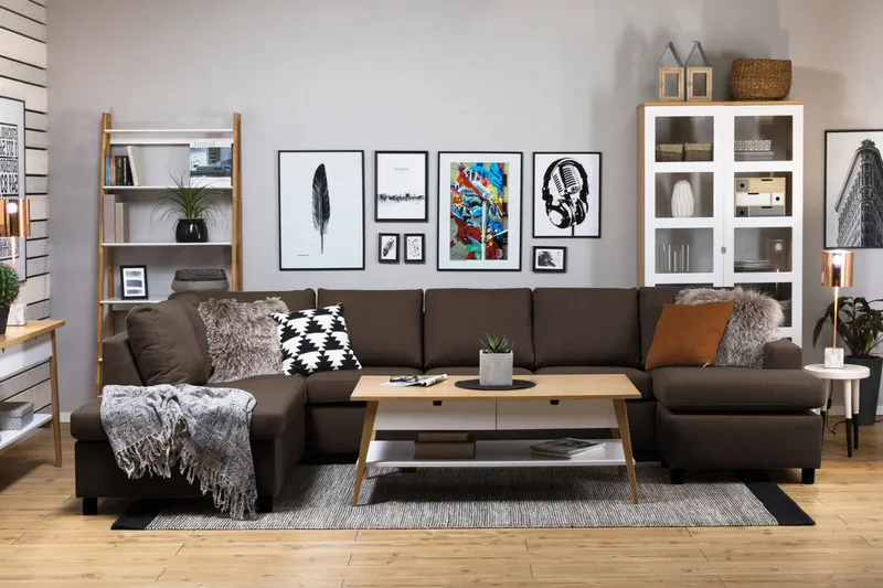 Crazy 5-seters Venstrevendt U-formet X-Large Sofa med Divan og Sjeselong i Stoff - Brun - Møbler - Sofaer - U-sofa