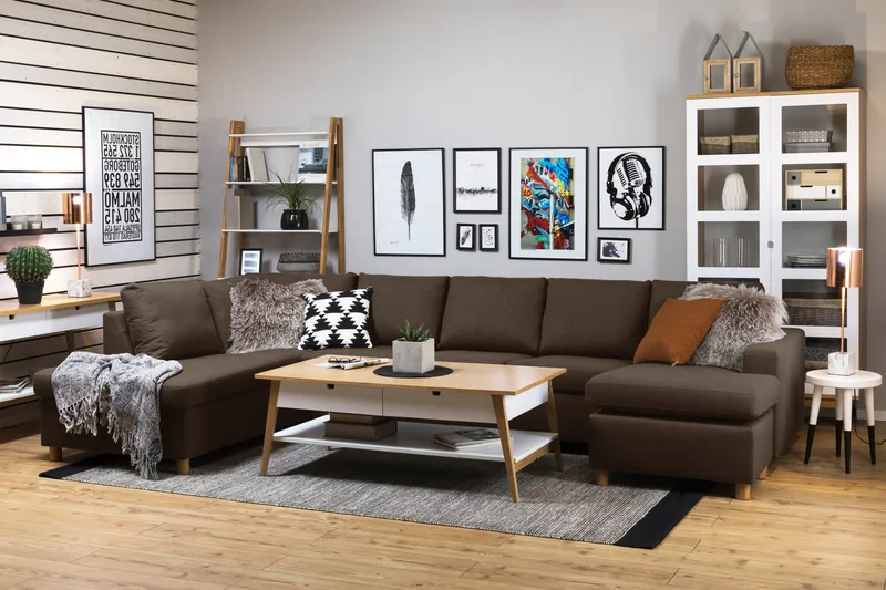 Crazy 5-seters Venstrevendt U-formet X-Large Sofa med Divan og Sjeselong i Stoff - Brun - Møbler - Sofaer - U-sofa