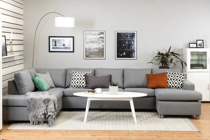 Crazy 5-seters Venstrevendt U-formet X-Large Sofa med Divan og Sjeselong i Stoff - Grå - Møbler - Sofaer - U-sofa