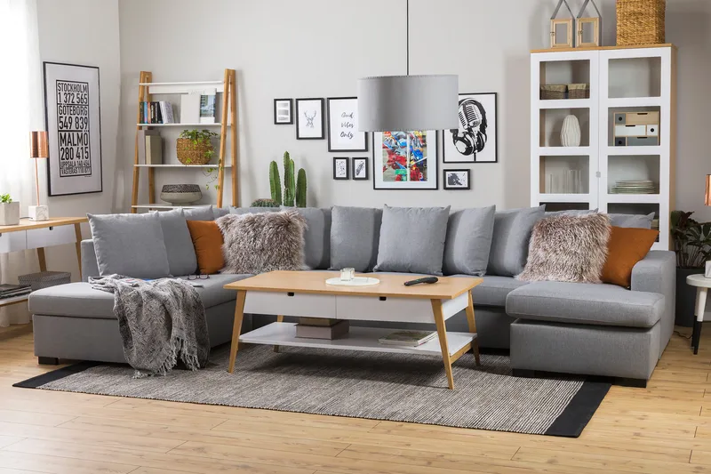 Crazy 5-seters Venstrevendt U-formet X-Large Sofa med Divan og Sjeselong i Stoff inkl. Pynteputer - Grå - Møbler - Sofaer - U-sofa