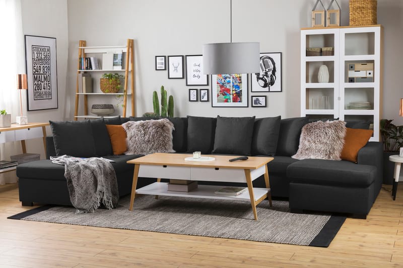 Crazy 5-seters Venstrevendt U-formet X-Large Sofa med Divan og Sjeselong i Stoff inkl. Pynteputer - Antrasitt - Møbler - Sofaer - U-sofa