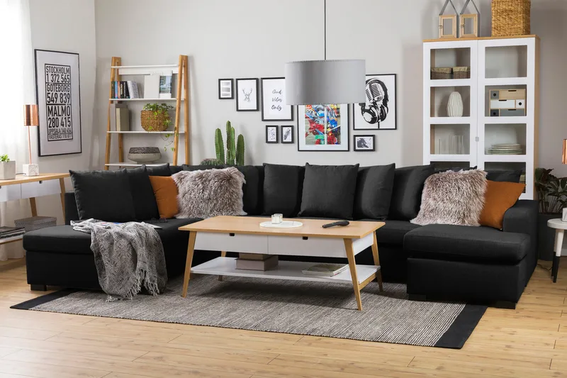 Crazy 5-seters Venstrevendt U-formet X-Large Sofa med Divan og Sjeselong i Stoff inkl. Pynteputer - Mørk grå - Møbler - Sofaer - U-sofa