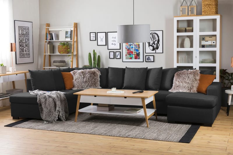 Crazy 5-seters Venstrevendt U-formet X-Large Sofa med Divan og Sjeselong i Stoff inkl. Pynteputer - Antrasitt - Møbler - Sofaer - U-sofa