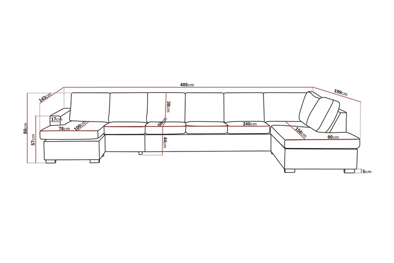 Crazy 6-seters Høyrevendt U-formet XX-Large Sofa med Divan og Sjeselong i Kunstlær - Svart - Møbler - Sofaer - U-sofa