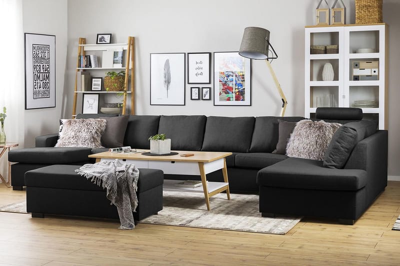 Crazy 6-seters Høyrevendt U-formet XX-Large Sofa med Divan og Sjeselong i Stoff - Antrasitt - Møbler - Sofaer - U-sofa